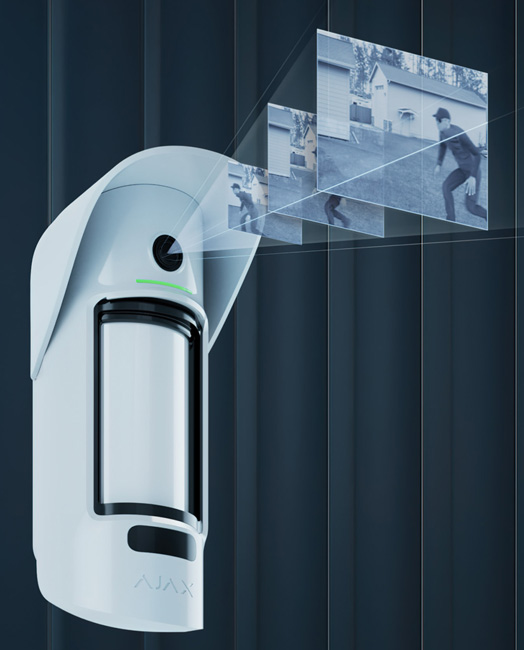 AJAX MotionCam Outdoor: Безжичен двоен пасивен инфрачервен детектор за движение с вградена камера за визуална верификация при аларма, детекция от 3 до 15 метра и ъгъл 90 градуса, за външен монтаж